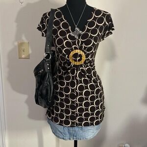 CDW vintage brown‎ blouse with pearlescent ring detail